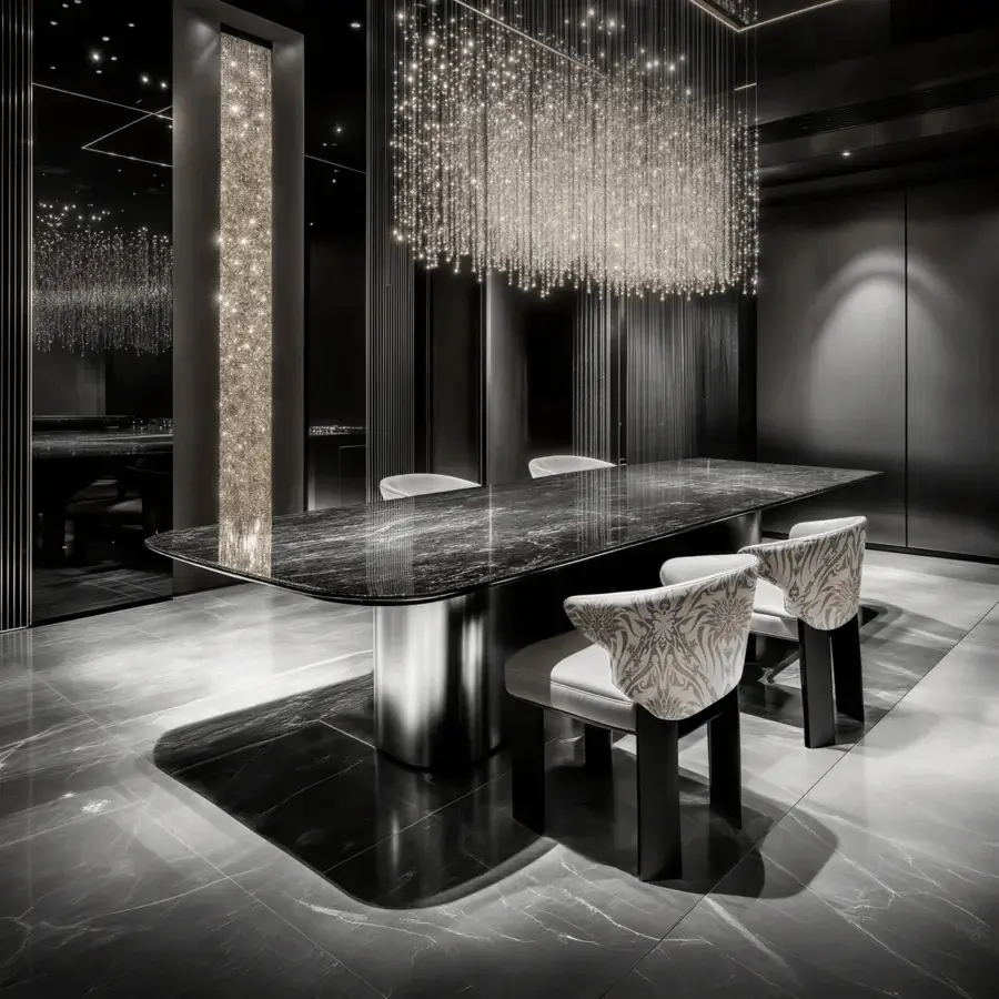 Luxury Darren JR-152-R table with natural quarried marble top plus twin cylindrical columns in Nickel Black Antique finish