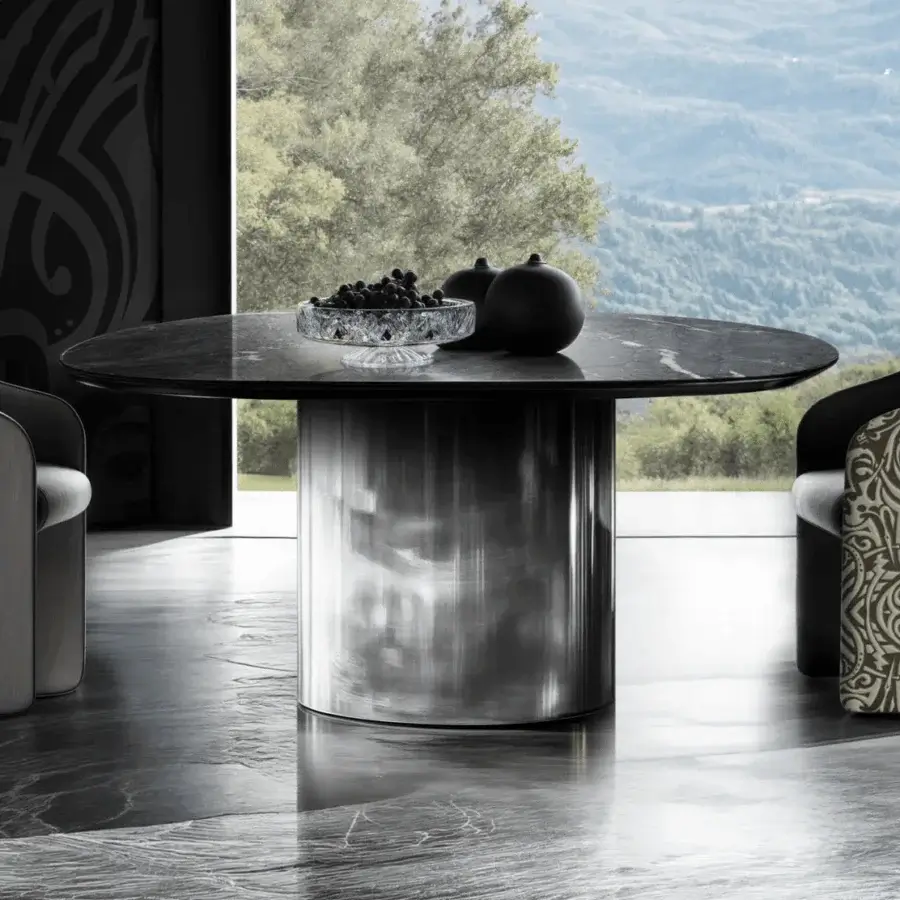 Luxury William JR-156 table with circular natural quarried marble top and high-gloss metallic Nickel Black Antique base