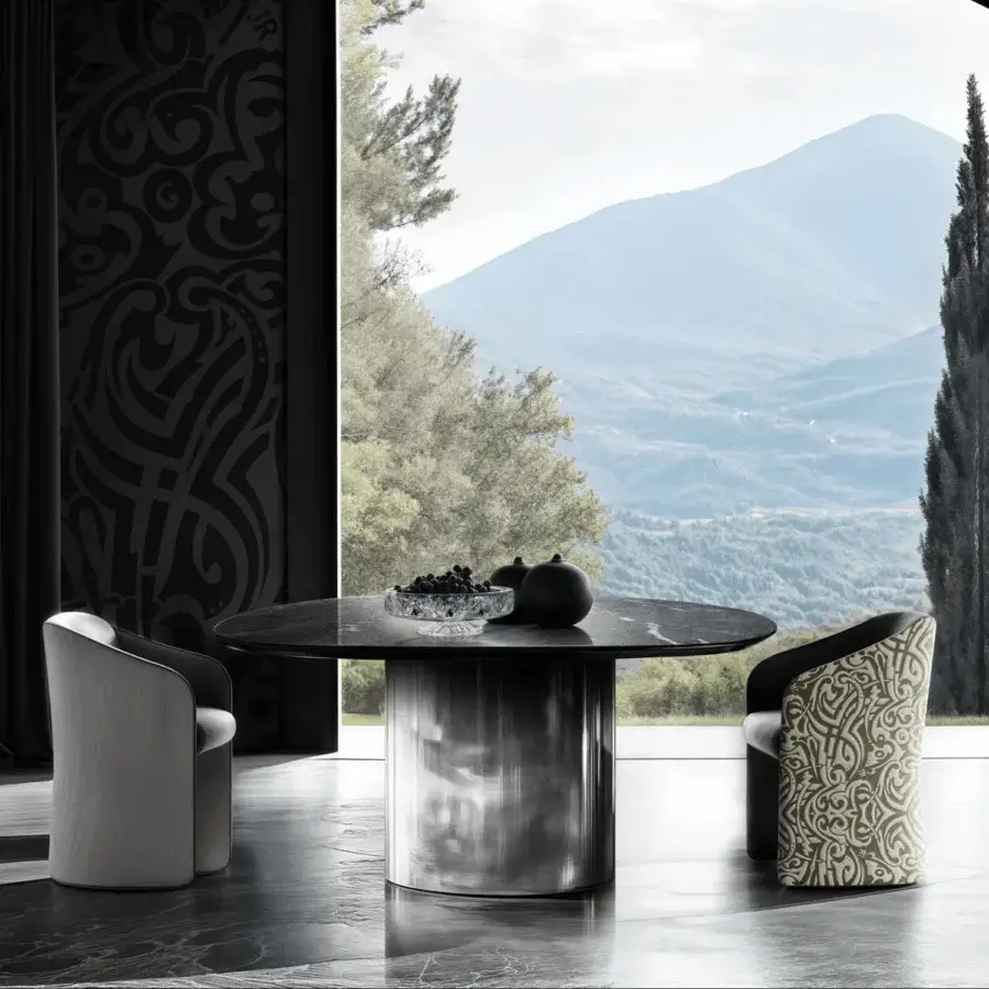 Elegant JR Home John Richmond William table featuring circular natural marble top and metallic Nickel Black Antique base