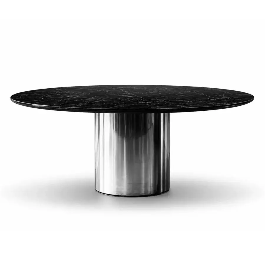 Luxury JR Home John Richmond table featuring natural quarried marble top and nickel black antique cylinder