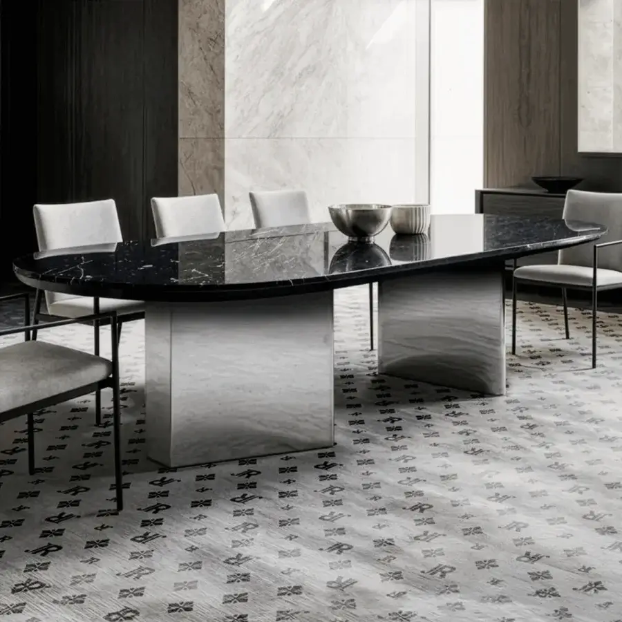 Luxury Deborah JR-240 John Richmond table featuring natural marble top and nickel black antique block bases
