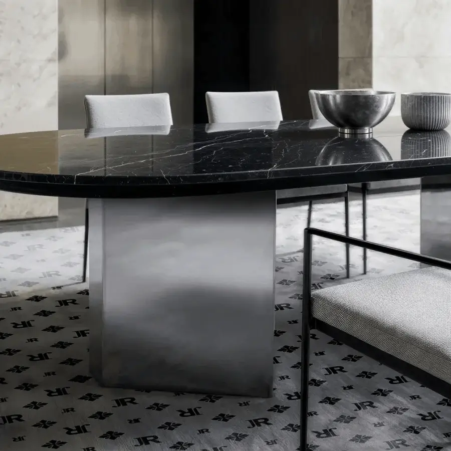 Exquisite JR Home John Richmond Deborah JR 240 table featuring natural quarried marble and nickel black antique finish