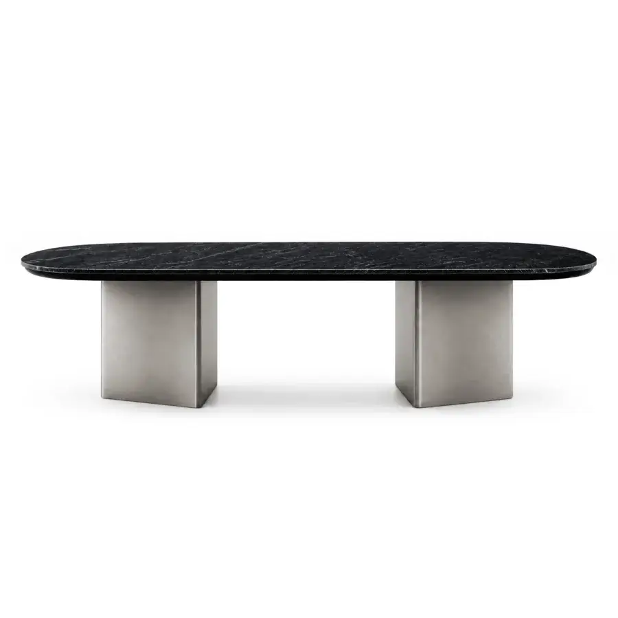 Luxury JR Home Deborah JR-240 table with natural quarried black marble top, matt undertop and nickel antique block bases