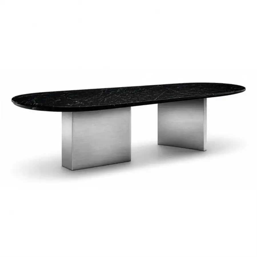 Luxury Deborah JR-240 table with polished black marble top and dual sculptural block bases in high-gloss Nickel Antique