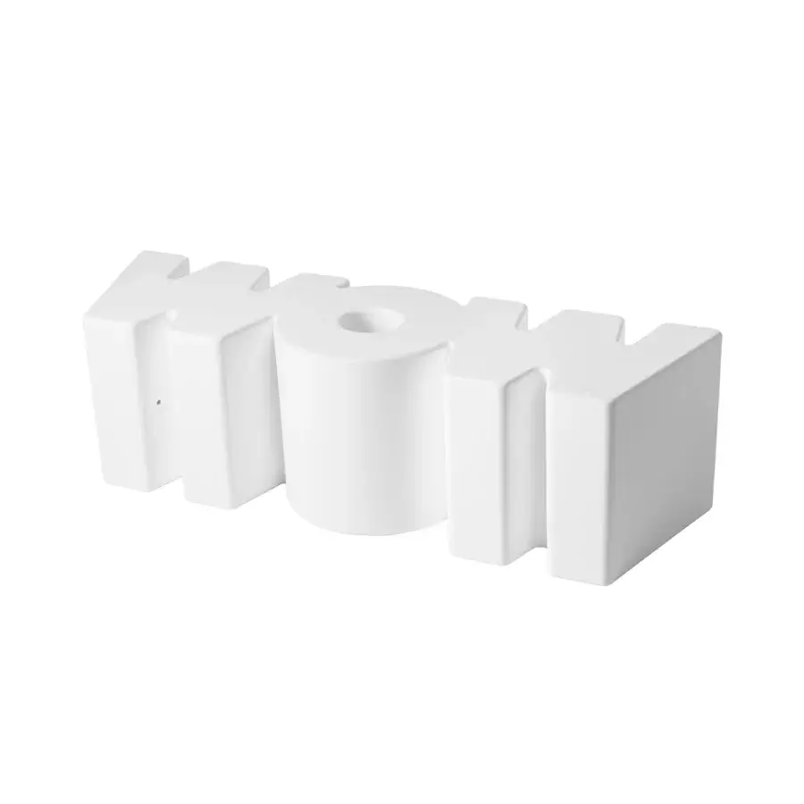 Luxury Slide Wow bench in white polyethylene with smooth matte finish displaying an innovative monolithic typographic form
