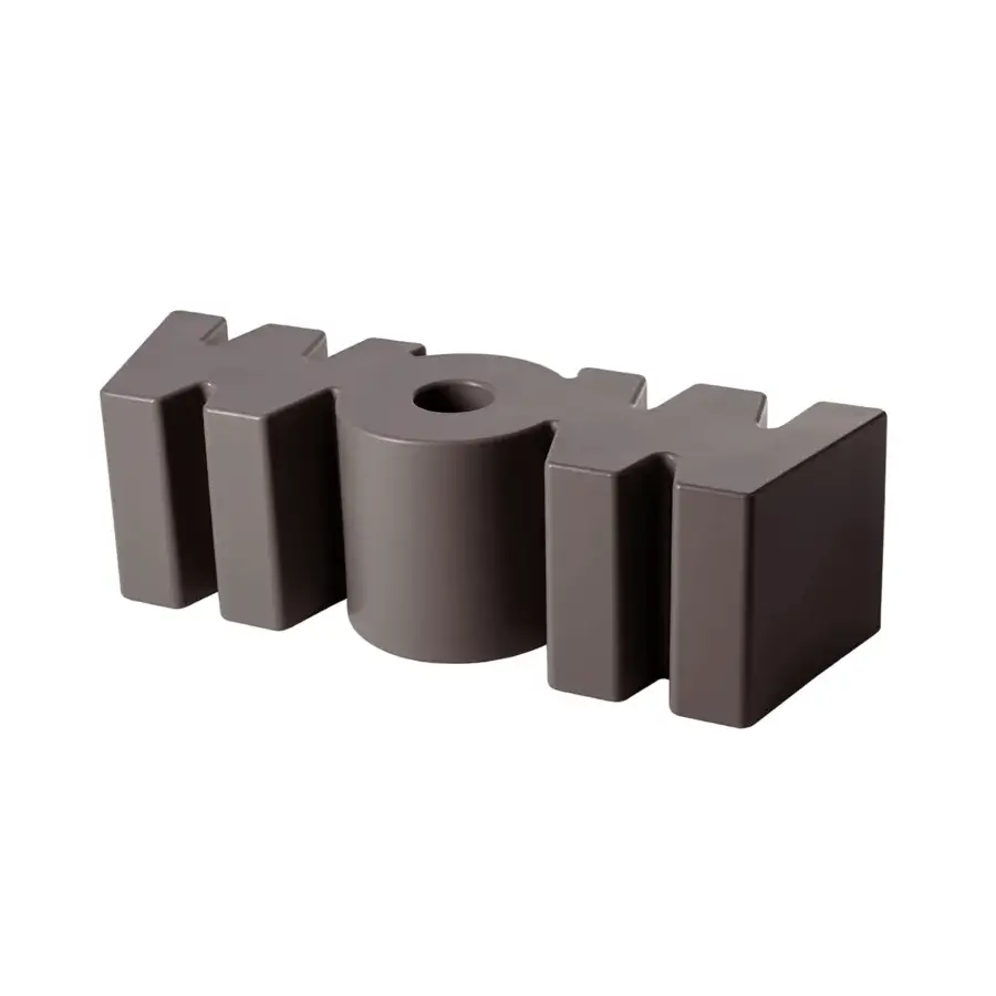 Sophisticated Slide Wow bench featuring typographic silhouette formed from dark taupe polyethylene with smooth matte finish