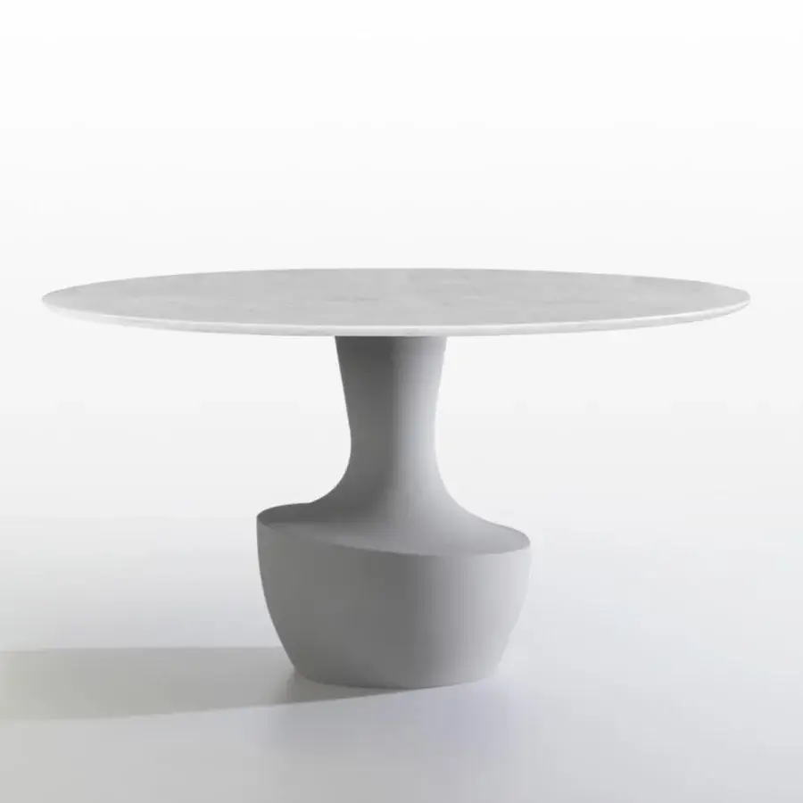 Elegant Potocco Anfora table with a sculptural marble base supporting a thin round tabletop and light gray finish