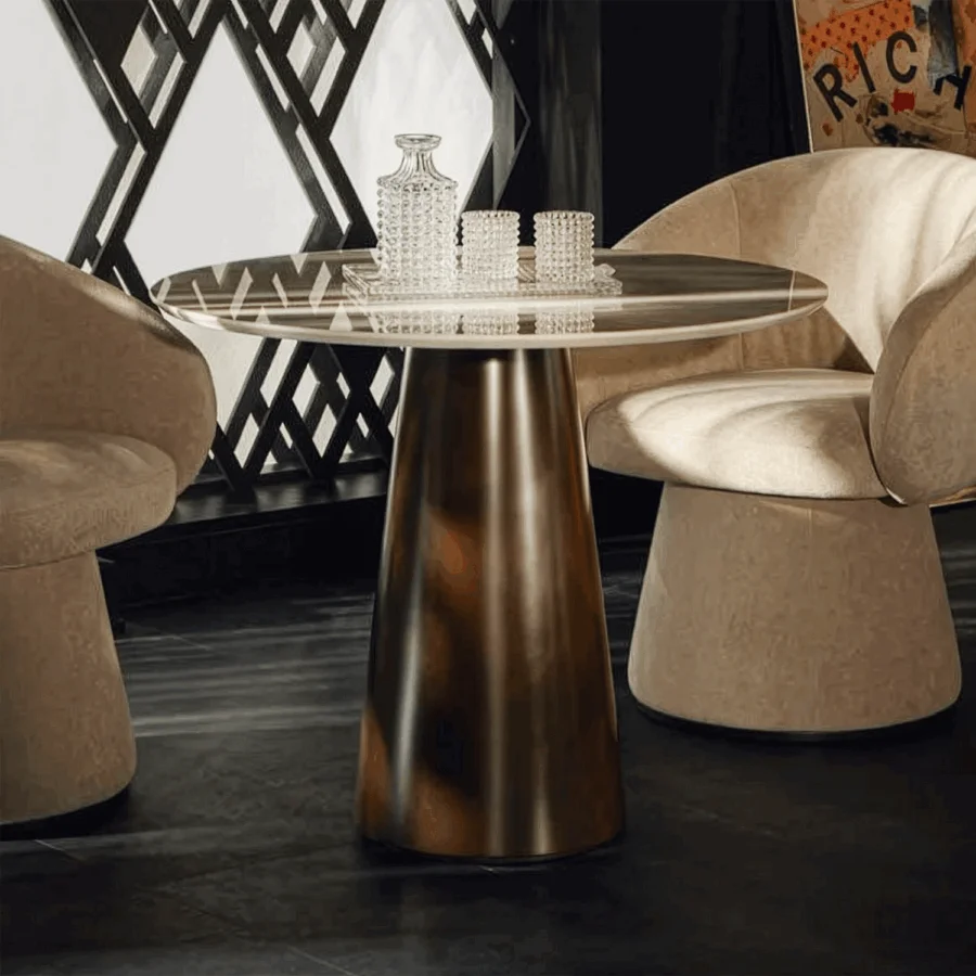 Luxury JR Home Kate JR Bistrot Table featuring polished natural quarried marble top and flared central pedestal base in Nickel…