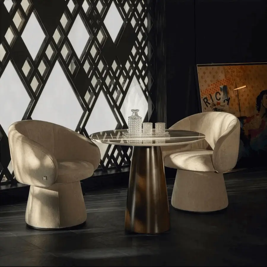 Elegant JR Home Kate JR-154/BT bistrot table with circular natural quarried marble top and Nickel Bronze Matt conical base