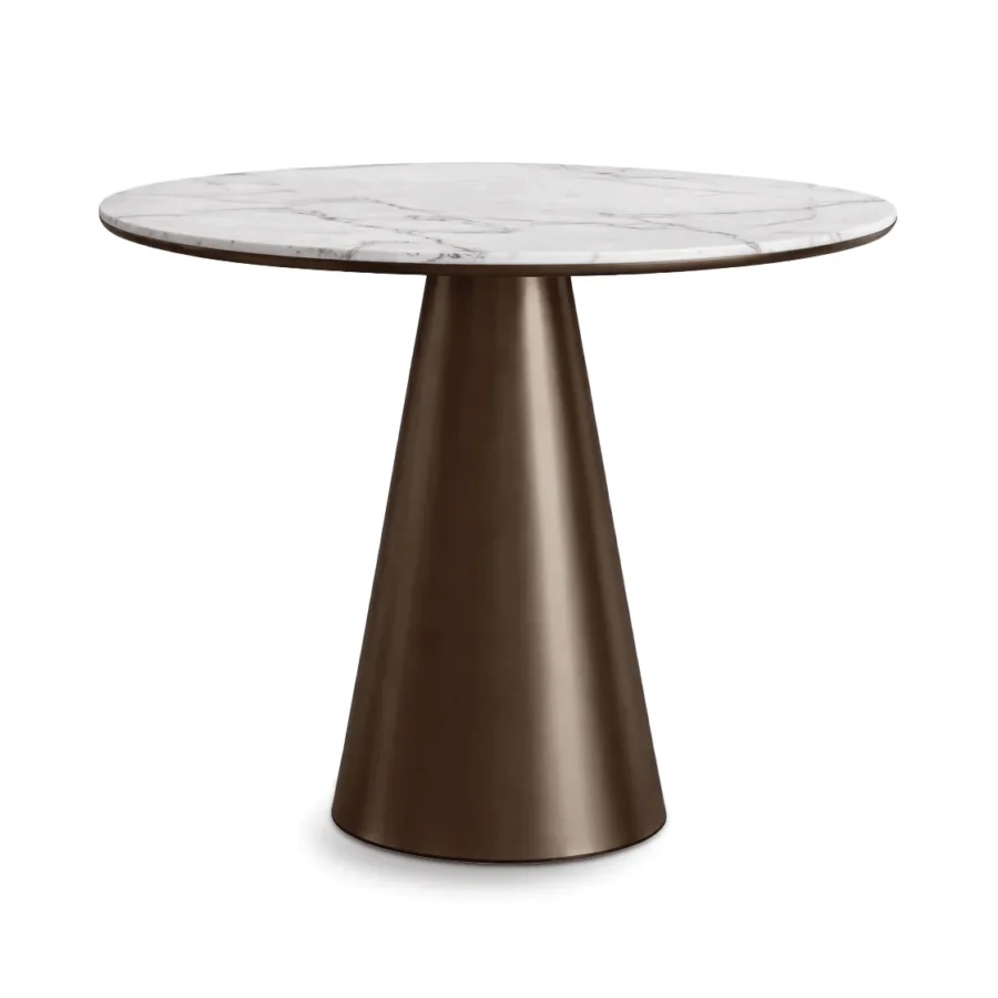 Luxury Kate JR-154/BT Bistrot table with circular natural marble top and conical pedestal base in Nickel Bronze Matt finish