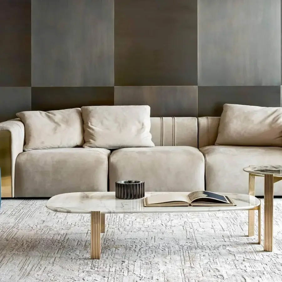 Refined Rugiano Abstraction rug crafted from wool and viscose with a light color and complex abstract markings offering a subtle sheen