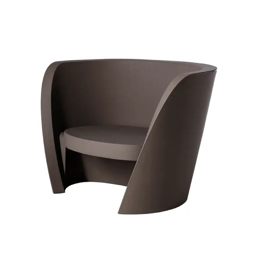 Elegant Slide Rap lounge chair in dark brown polyethylene with a fluid semi-circular silhouette and matte finish