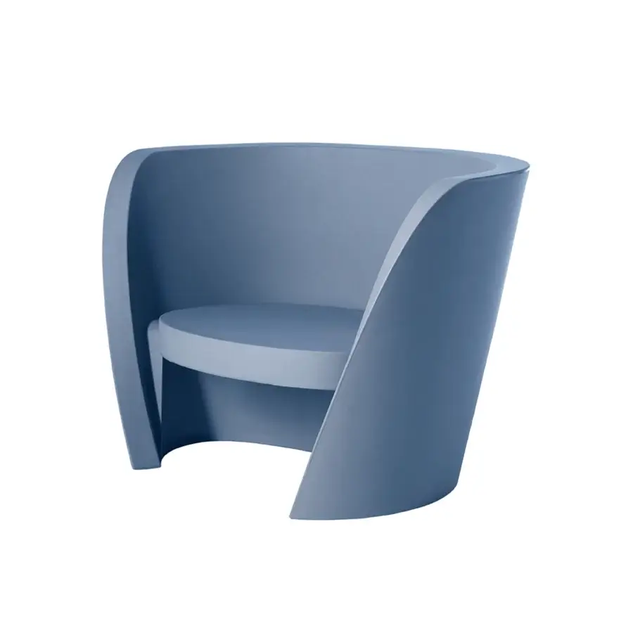 Elegant Slide Rap lounge chair in cool blue matte polyethylene with sculptural tub silhouette and recessed arched base