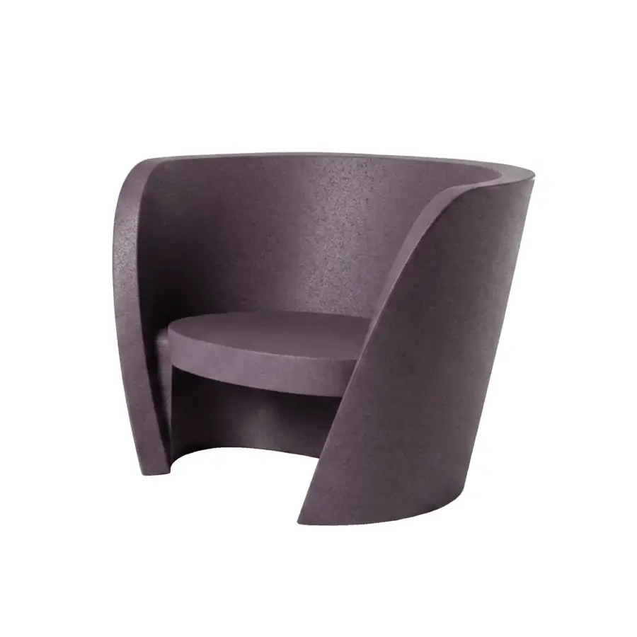 Elegant Slide Rap lounge chair in polyethylene with sculptural tub silhouette and matte speckled deep plum finish