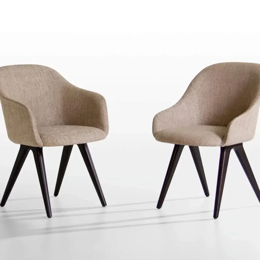 Distinguished Potocco Lyz chair with sinuous lines upholstered in refined beige textile and dark-stained wooden legs