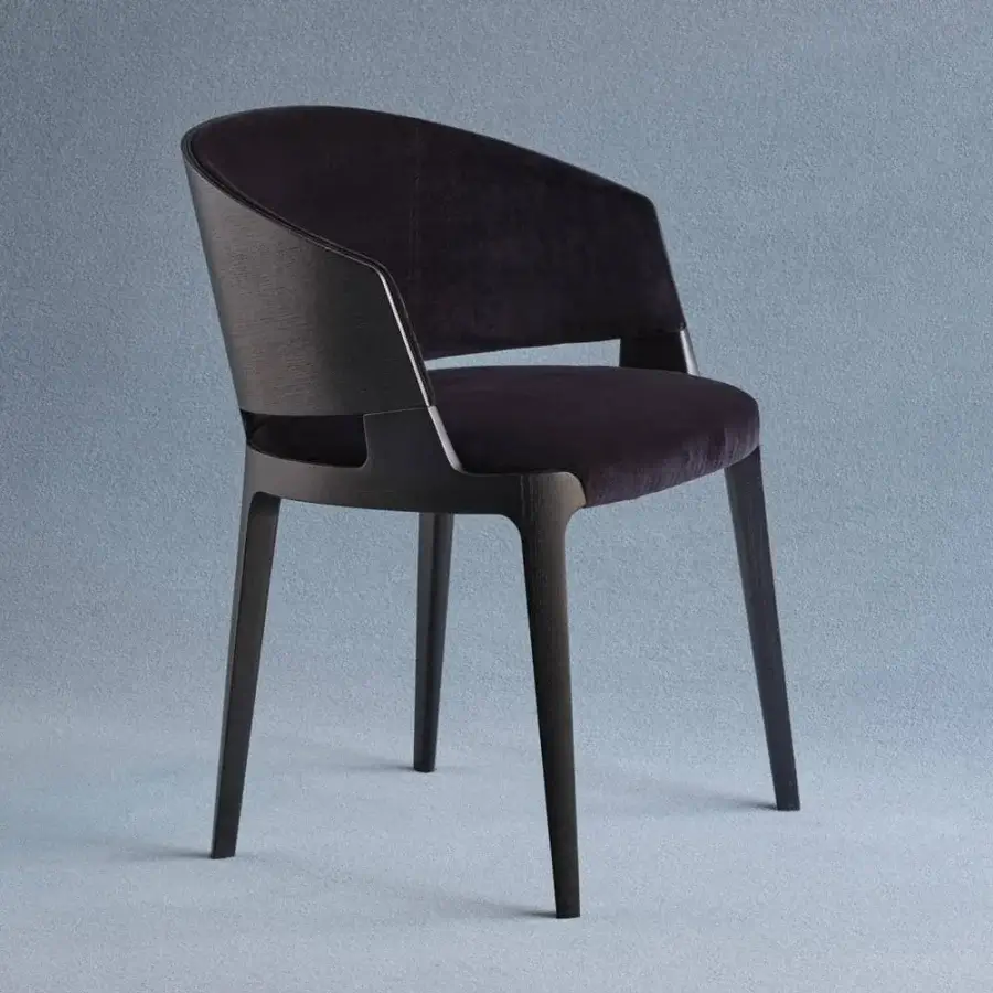 Exceptional Potocco Velis Wood armchair with solid ash structure and dark plush upholstery finish