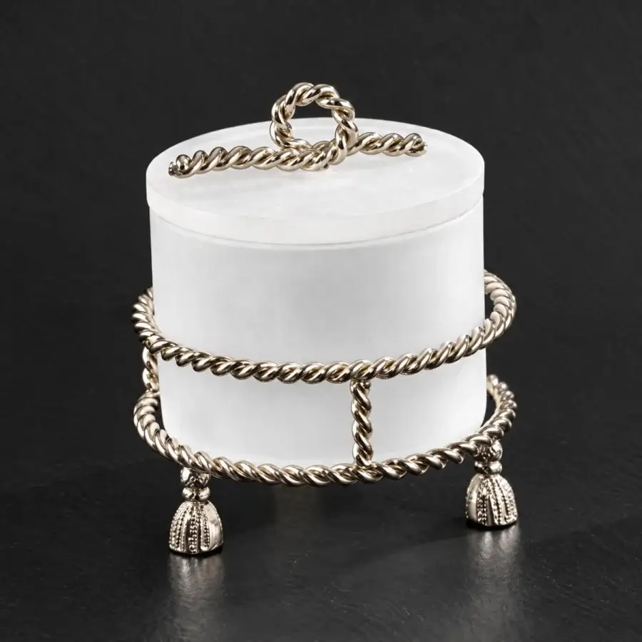 Luxury Selezioni Domus Corda lidded container crafted from smooth opaque white stone with polished gold-toned metal rope