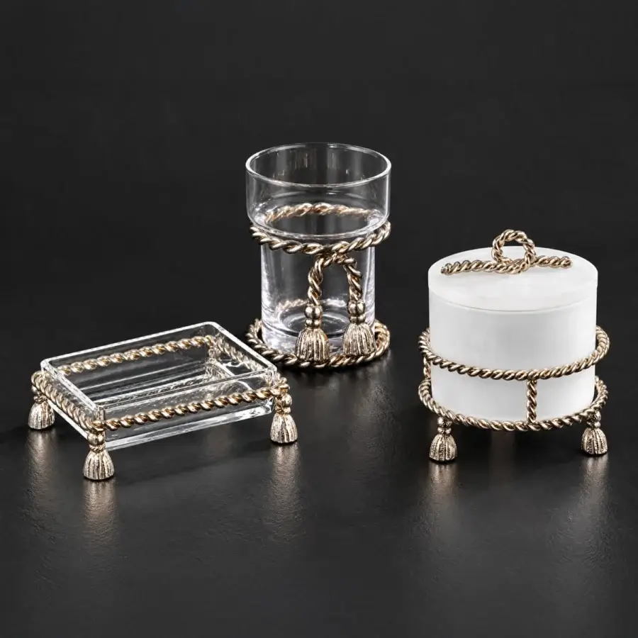 Luxury Selezioni Domus Traditional Corda bathroom set in transparent glass opaque white and satin metallic gold finish