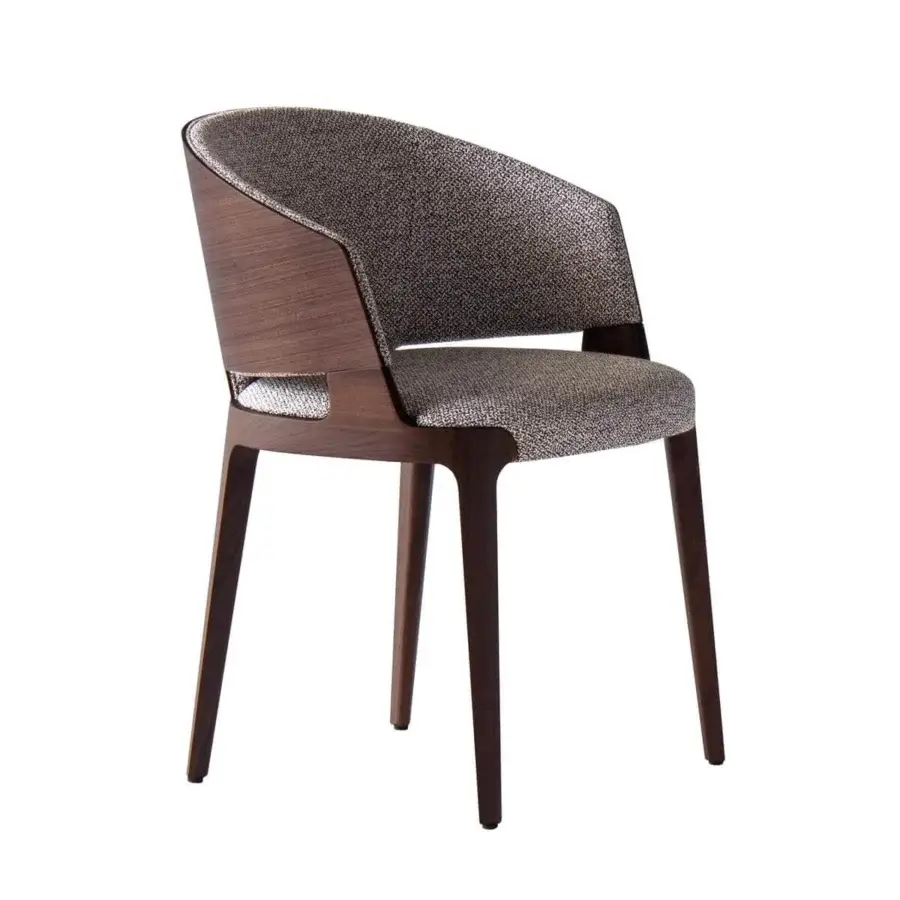 Exceptional Potocco Velis Wood armchair with curved form built in solid Canaletto Walnut and patterned grey beige textile upholstery with matte finish