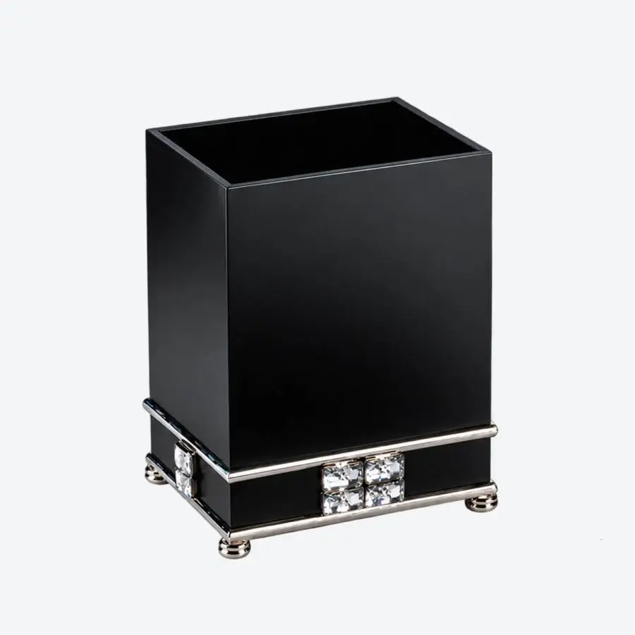 Luxury Selezioni Domus Diamante wastebasket in deep black lacquered finish with polished metallic framing plus crystals