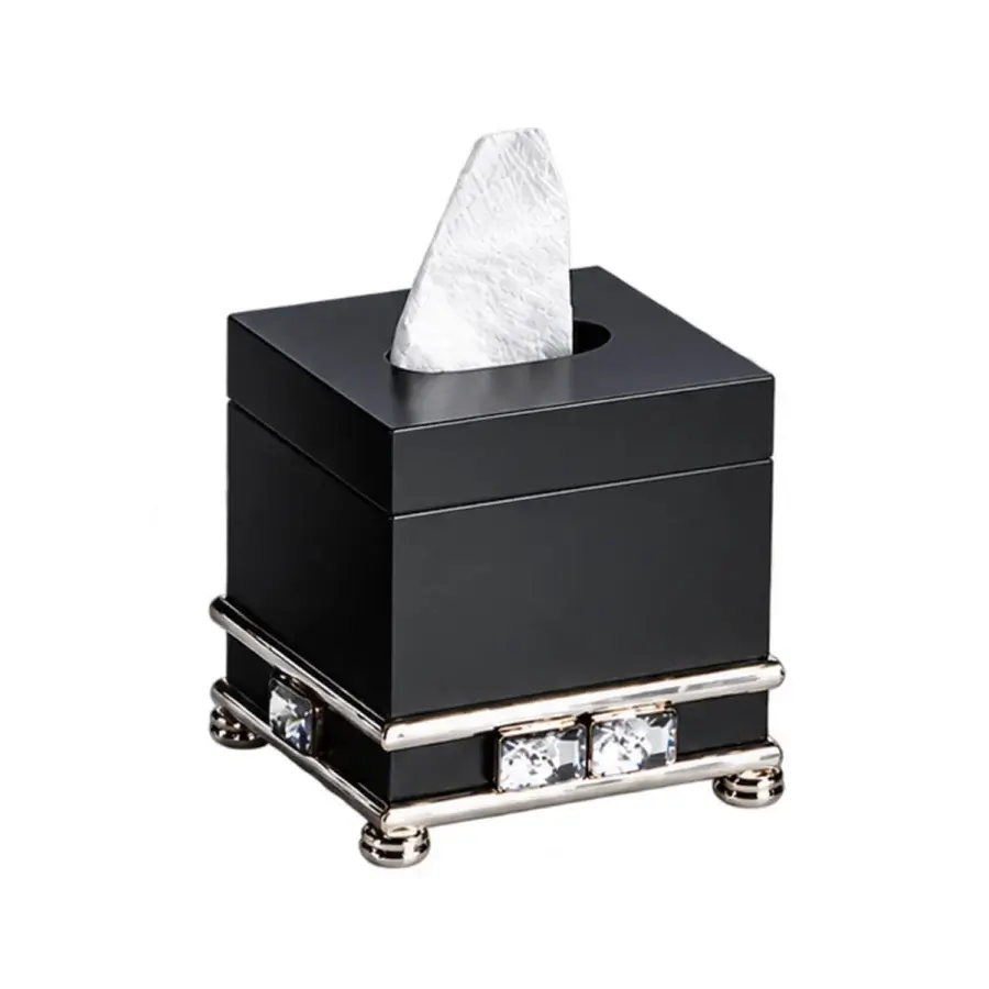 Exquisite Selezioni Domus tissue box holder in matte black with polished metal frame and crystal accents