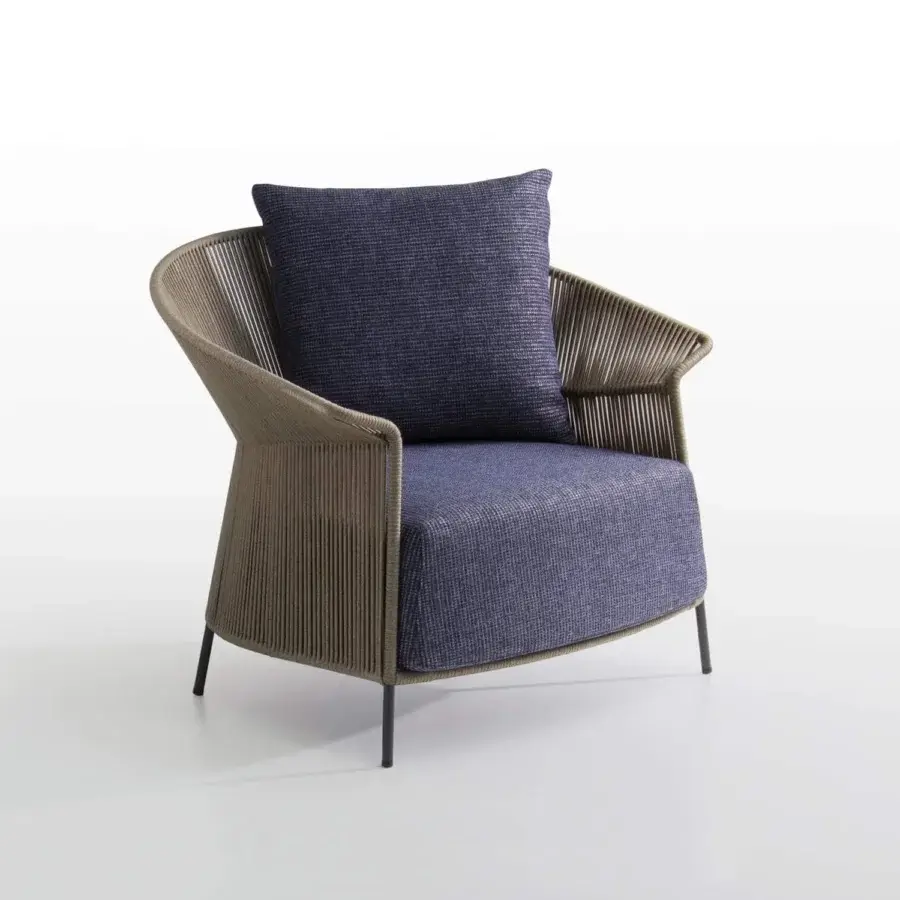 Elegant Potocco Ola lounge chair with hand woven light brown “Fly” ribbon and textured matte blue seat cushion built with dark metal legs