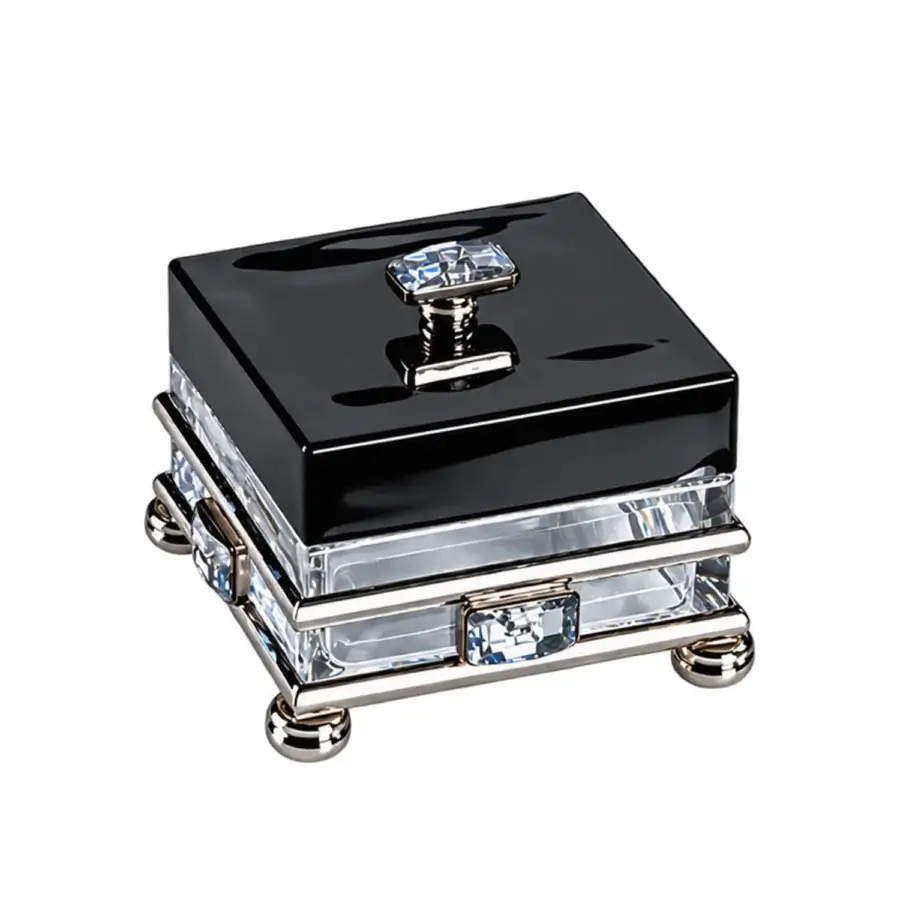Sophisticated Selezioni Domus container with transparent glass, metallic silver hardware, glossy black top, rounded feet, crystals