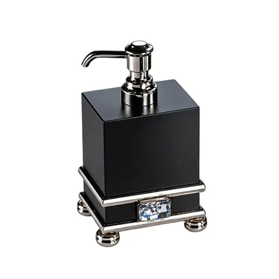 Luxury Selezioni Domus Diamante soap dispenser in glossy black with reflective metal frame and faceted crystal accent