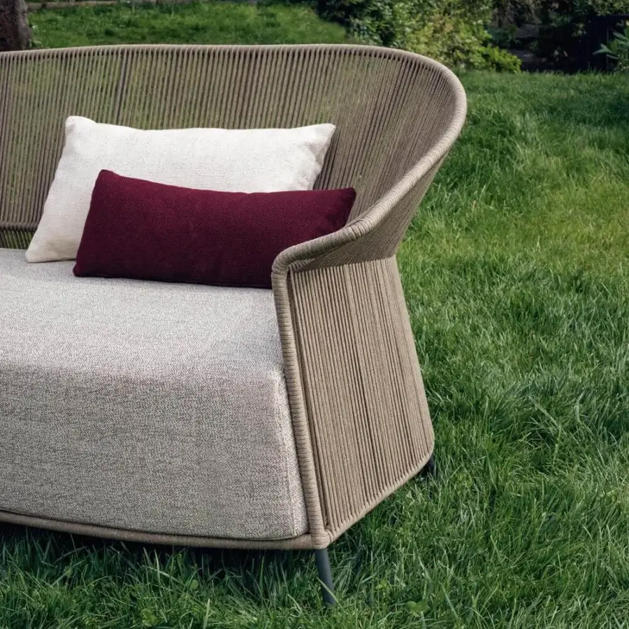 Superior Potocco Ola sofa with wrapping tubular metal back woven in light brown “Fly” ribbon and rectangular cushions