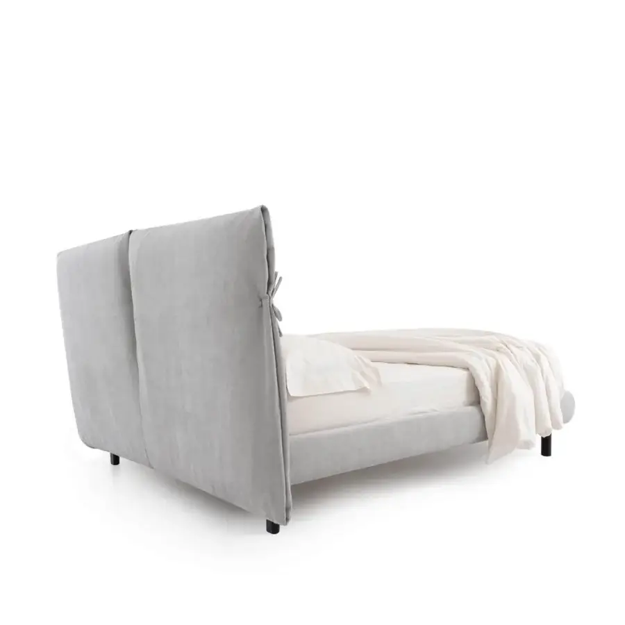 Luxury Noctis Eden Advance bed in soft matte light grey fabric with tall split headboard plus slender dark metal legs