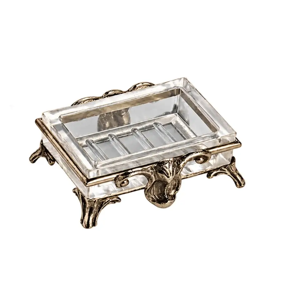 Luxury Selezioni Domus Annello soap dish crafted in Italy with transparent rectangular glass and aged bronze metal frame