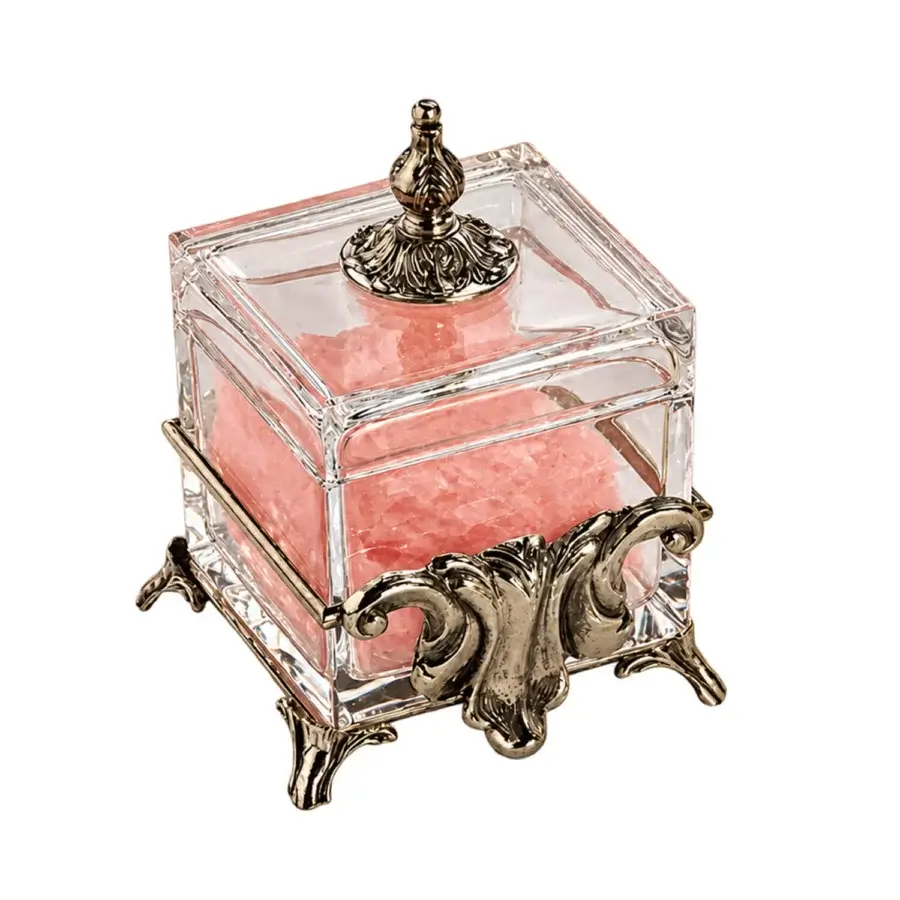 Elegant Selezioni Domus Annello lidded container in clear glass with ornate metallic support and antique bronze finish