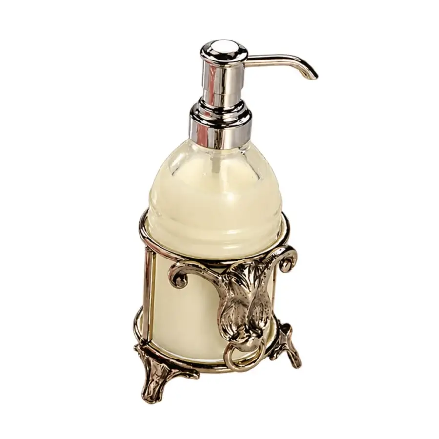 Exquisite Selezioni Domus Annello liquid dispenser in transparent glass with polished metal pump and antique-finished frame