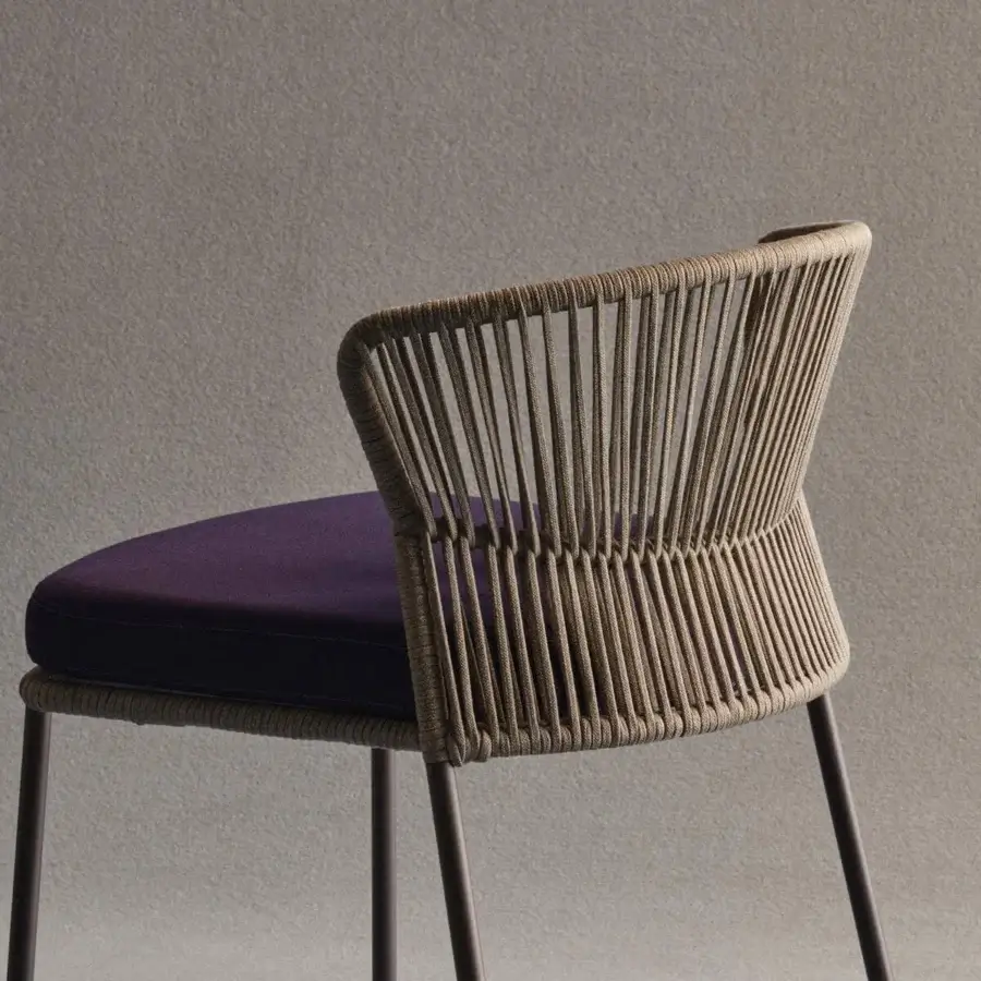 Captivating Potocco Ola stool with light brown woven ribbon, purple cushioned seat and sleek dark metal legs with matte finish