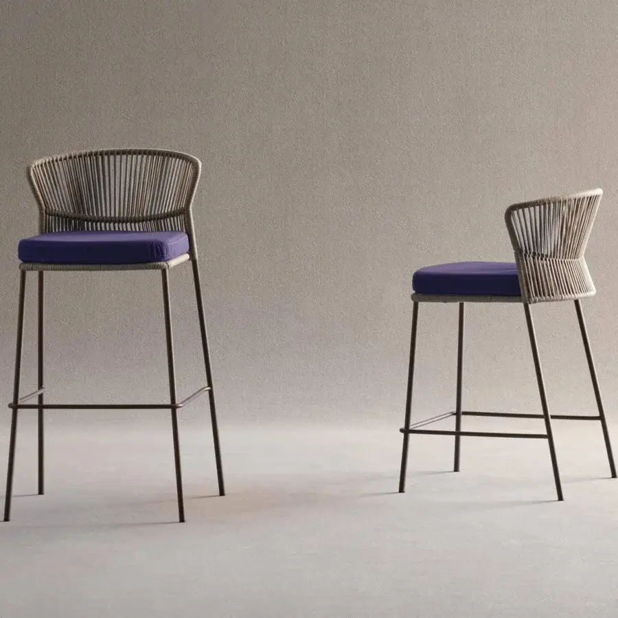 Superior Potocco Ola stool with dark metal frame and woven “Fly” ribbon, upholstered in dark blue outdoor fabric