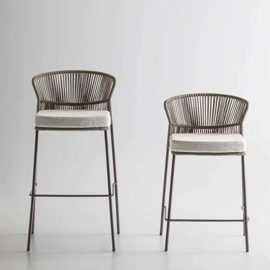 Elegant Potocco Ola stool with dark metal frame and hand-woven natural brown “Fly” ribbon backrest, in light gray cushioning