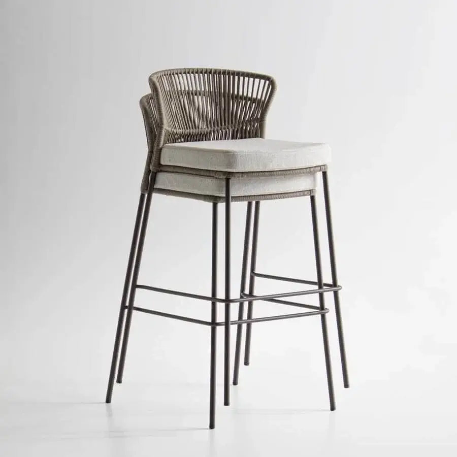 Distinguished Potocco Ola stool with a geometric metal frame and light cushioned seat crafted in neutral gray and beige woven ribbon finish