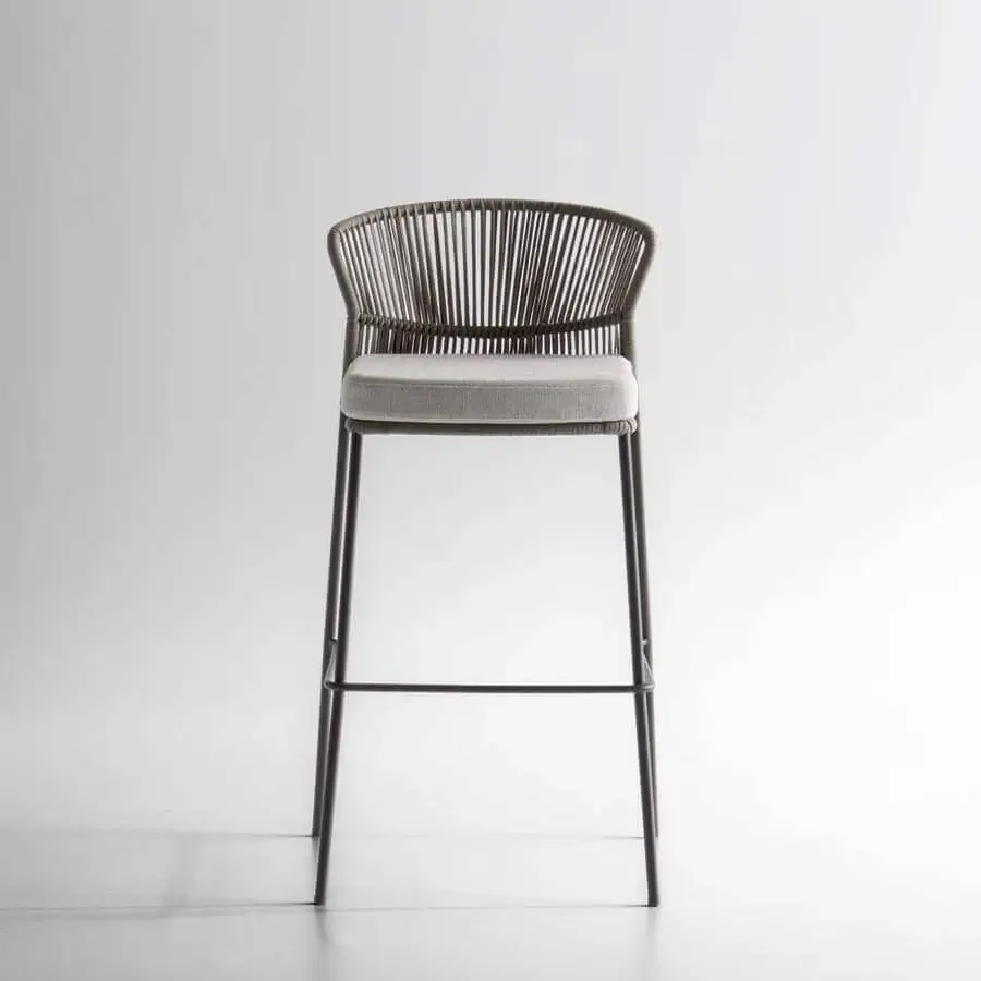 Exceptional Potocco Ola stool in light gray textile with a dark brown “Fly” ribbon backrest and matte dark brown metal frame
