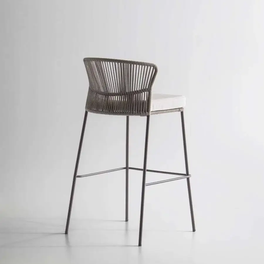 Superior Potocco Ola stool with woven gray-brown ribbon backrest and light beige cushioned seat built with matte metal legs