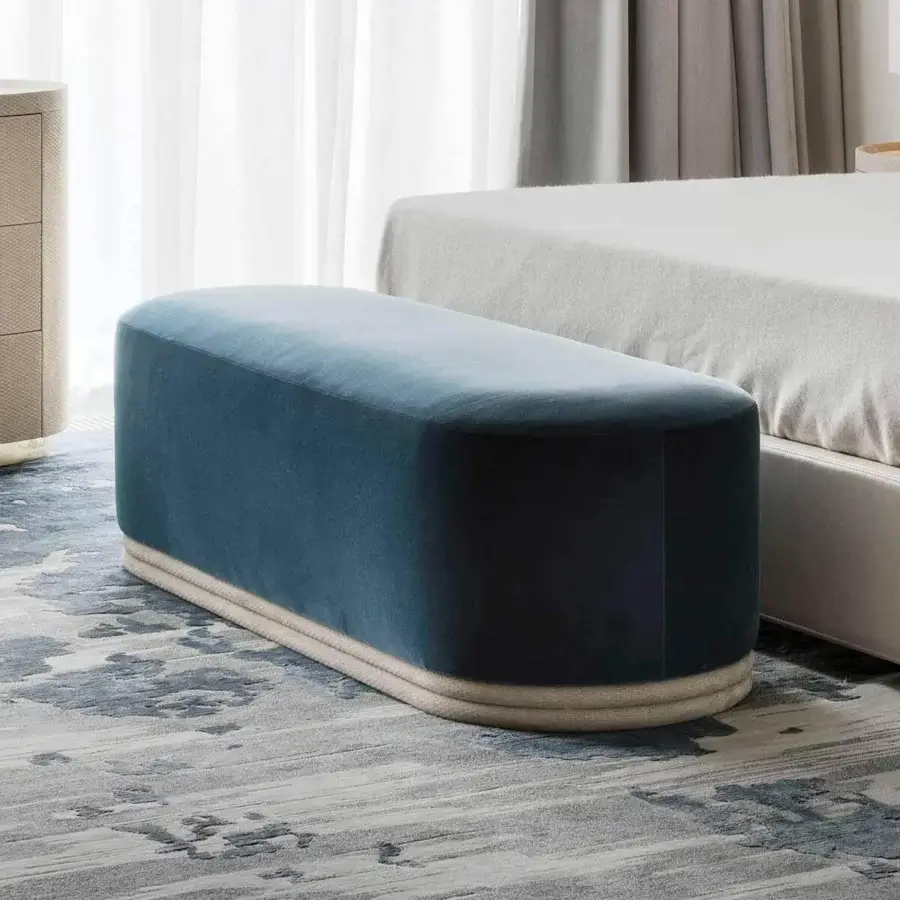 Distinguished Rugiano Boheme bench with smooth matte blue textile upholstery and woven lighter metal base