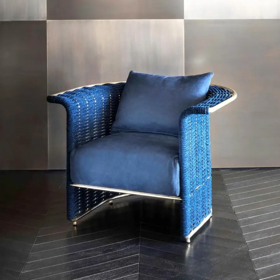 Lavish Rugiano Marina lounge chair with hand-braided blue velvet rope and satin gold metal structure