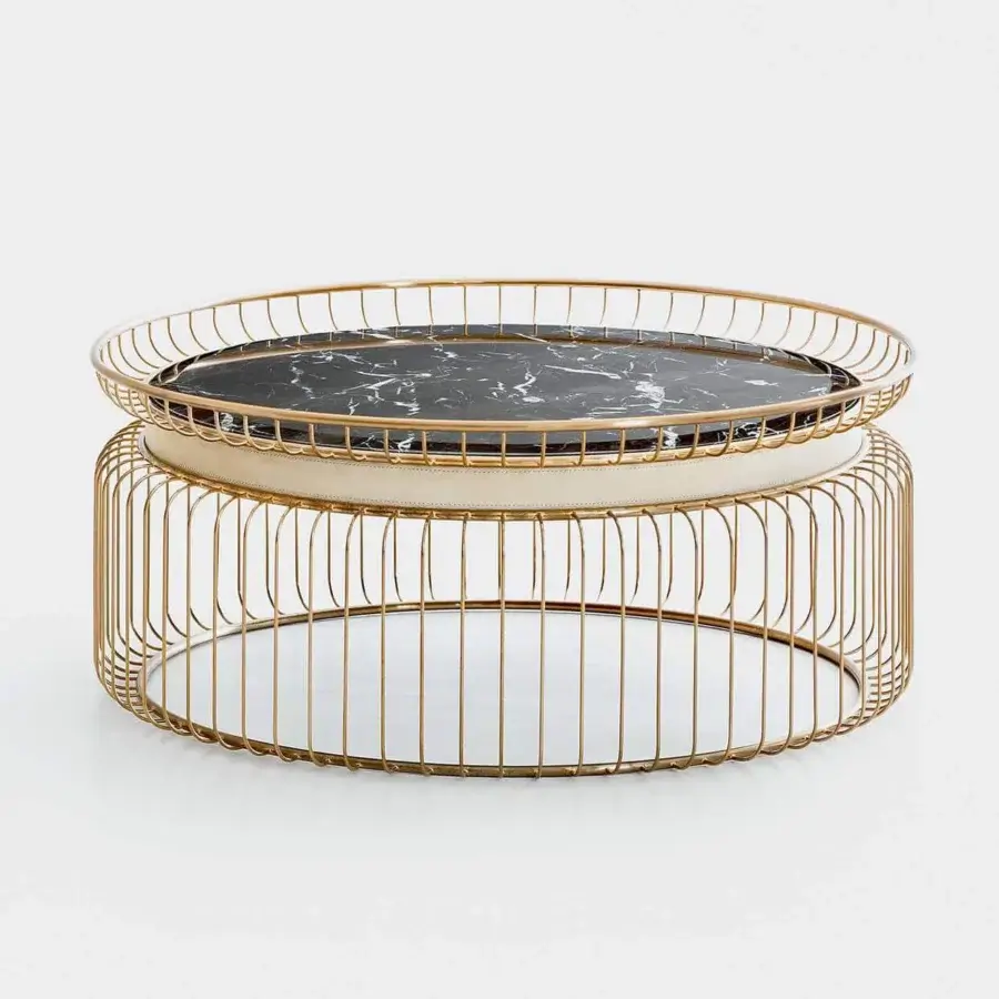 Exclusive Rugiano Ciglia coffee table with a lustrous gold metal structure and dark marble top crafted in Italy