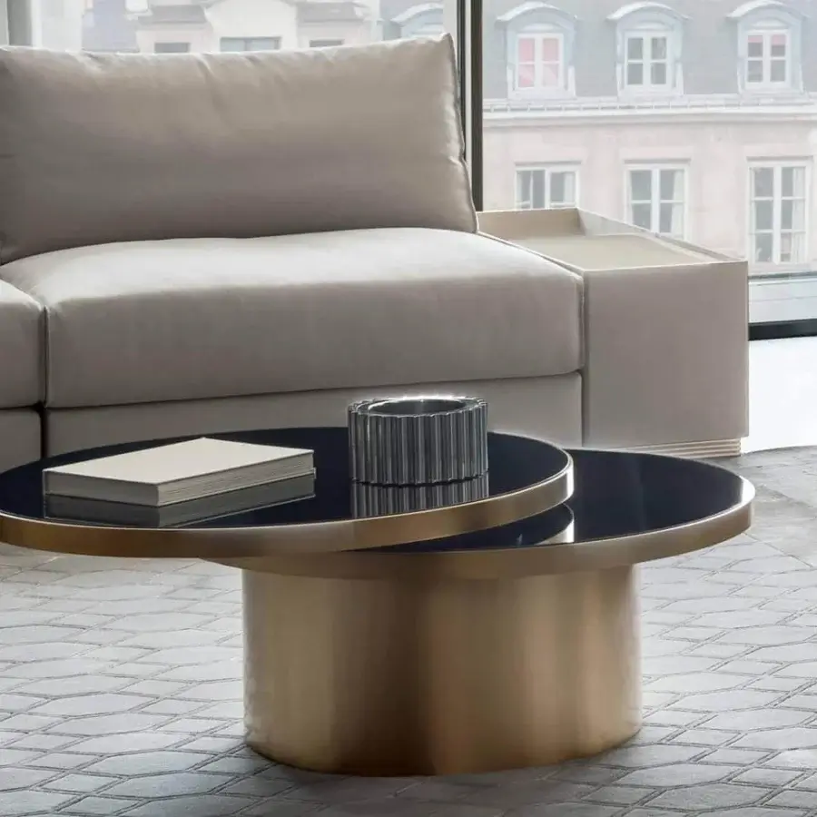 Distinguished Rugiano Space coffee table with overlapping black glass tops and satin brass base crafted in a modern finish