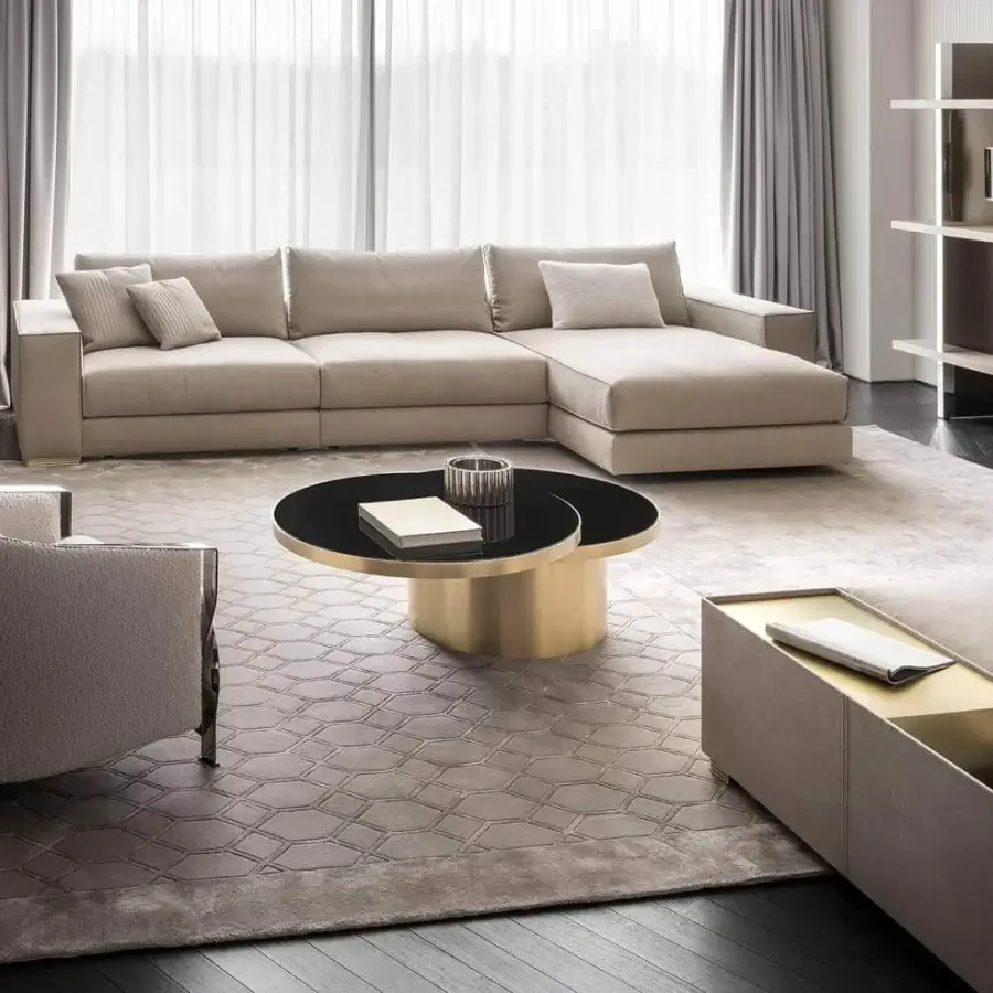 Exceptional Rugiano Space coffee table with overlapping black glass tops and satin brass base