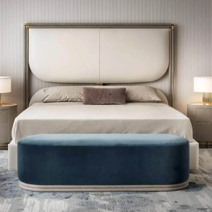 Superior Rugiano Boheme nightstand with cylindrical form, light gray textured leather and glossy brass detailing