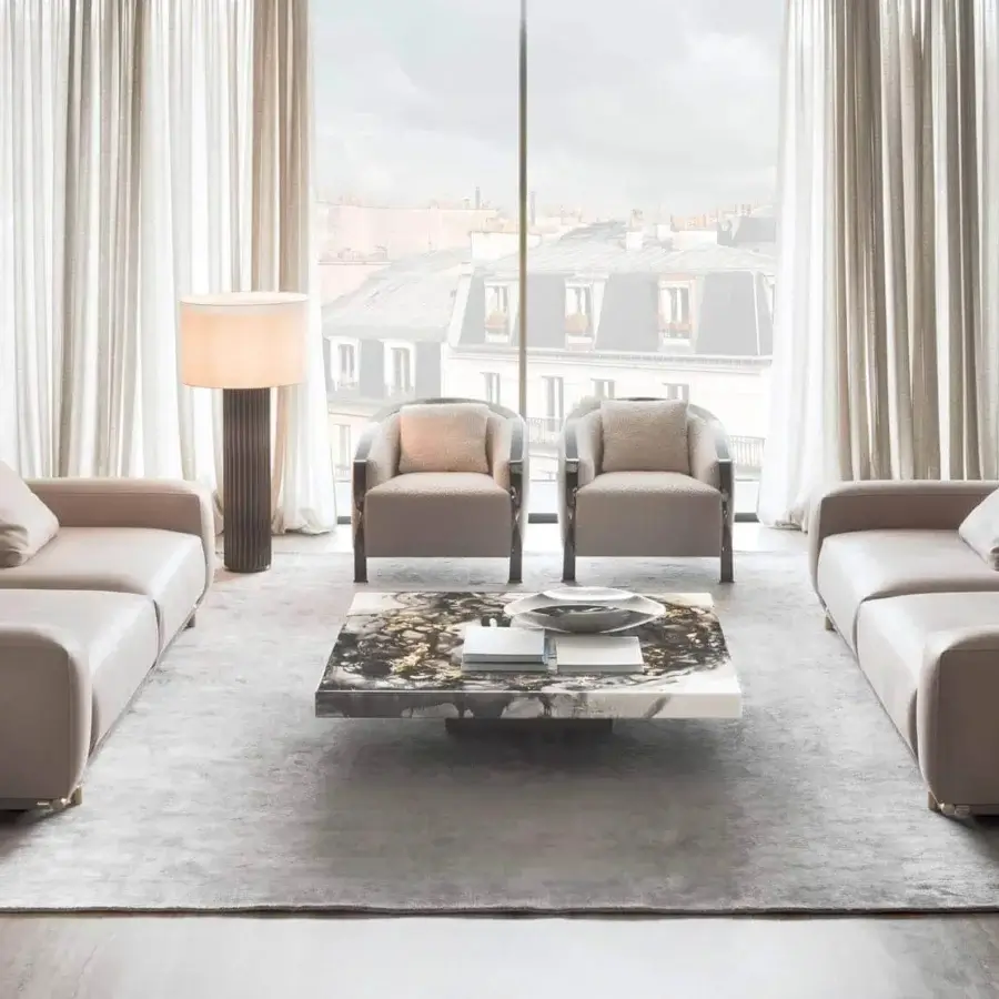 Superior Rugiano Boheme sofa with light neutral upholstery and glossy brass metal structure crafted in smooth leather