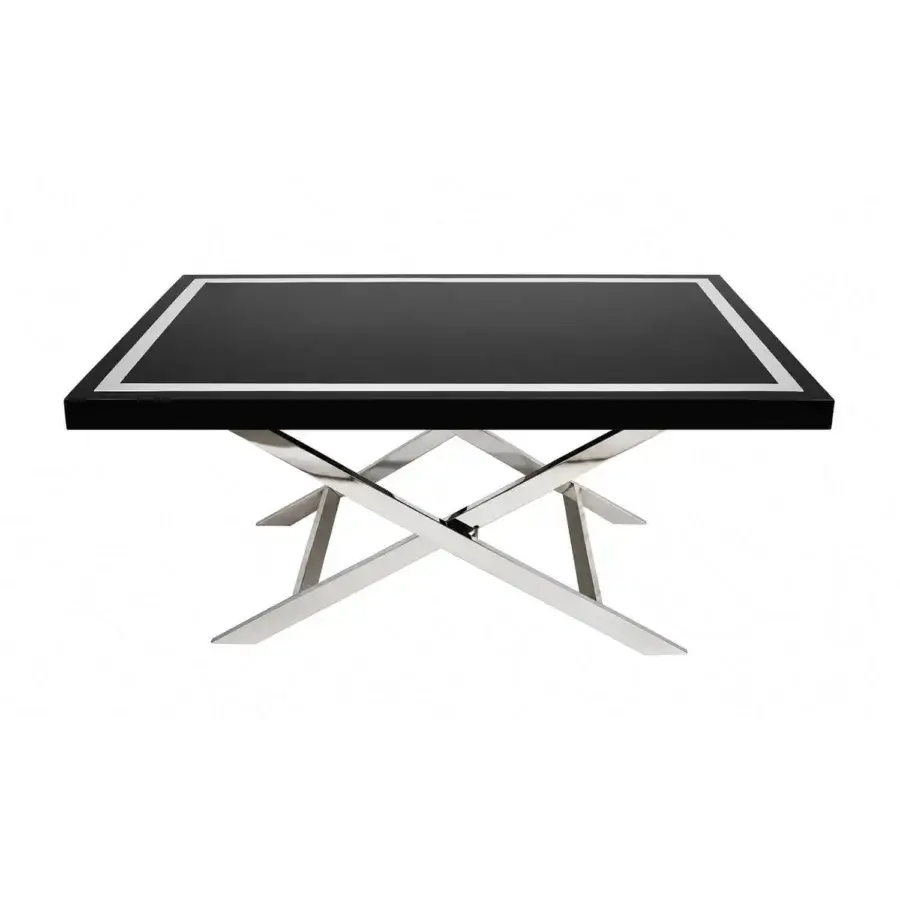 Luxury Selezioni Domus X-File coffee table with matte black top, silver border and polished intersecting metal supports