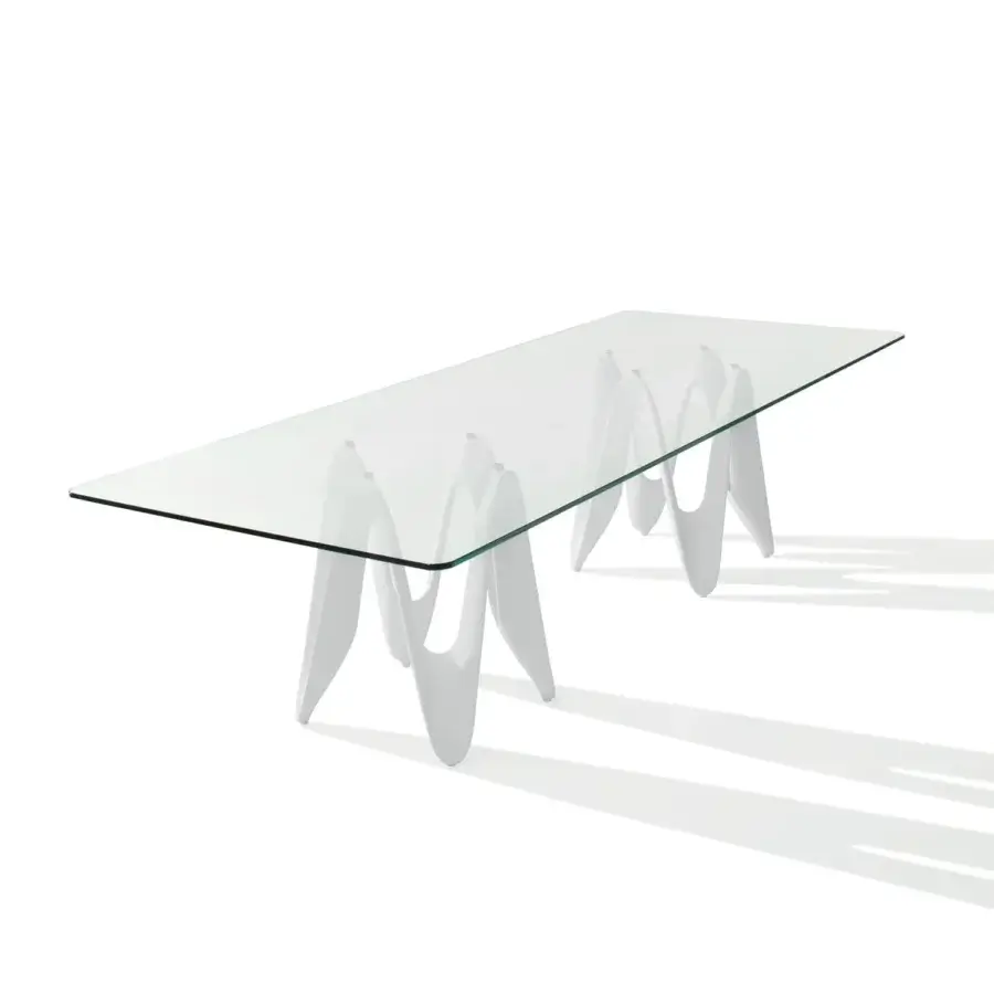 Sophisticated Sovet Italia Lambda conference table with extra-light glass top and white Cristalplant curvilinear bases crafted in Italy