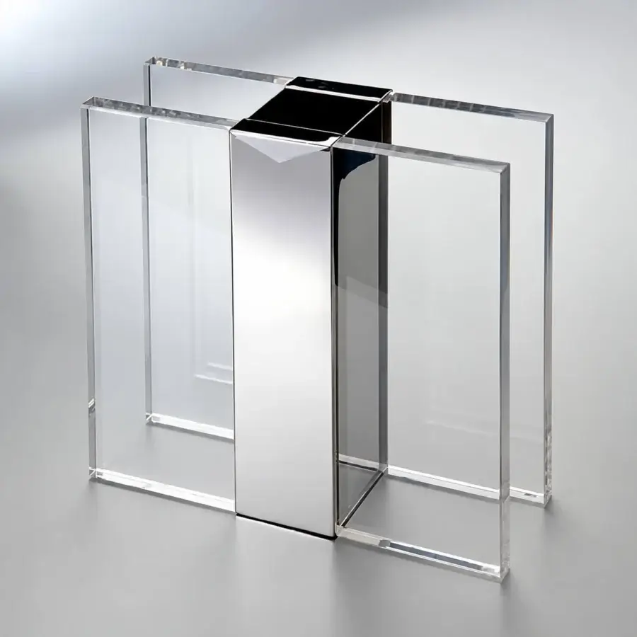 Refined Selezioni Domus Incastro vase featuring transparent synthetic panels and a mirror finish pillar
