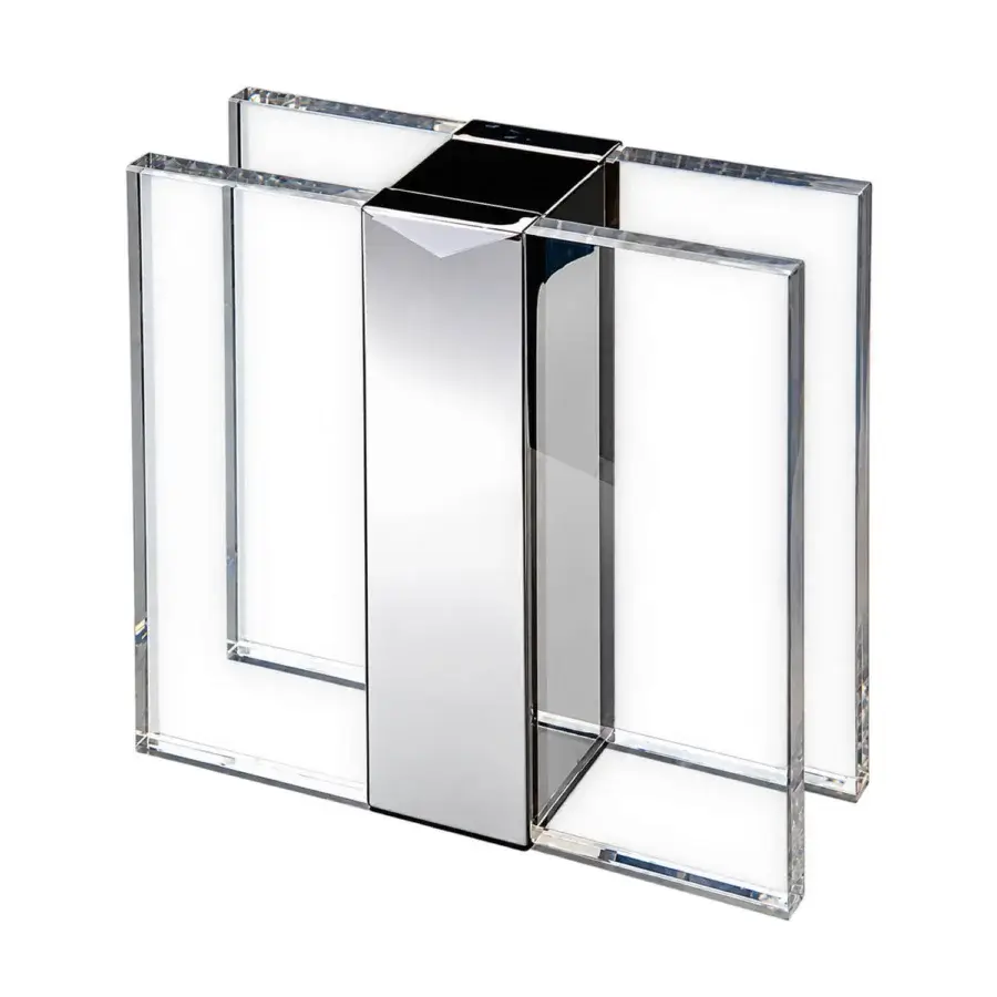 Sophisticated Selezioni Domus Incastro vase featuring transparent glass panels and polished silver metal core